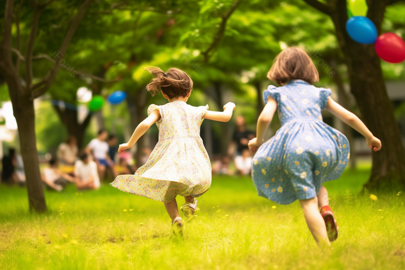 户外孩子们在公园草地上奔跑玩耍背影摄影图,高清,摄影图,摄影图片,图片大全,摄影图免费下载